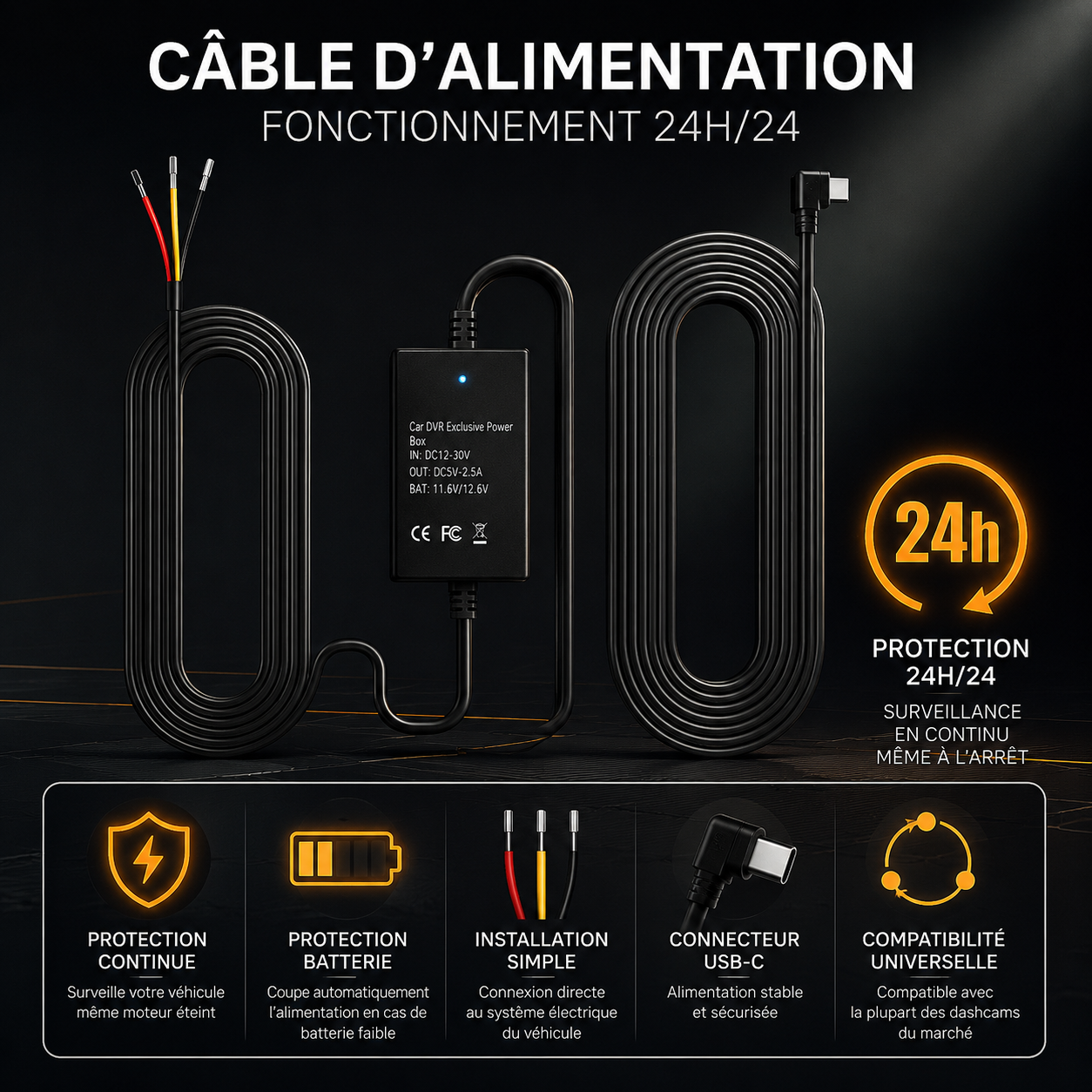 Kit recharge 24h/24 connecté à la boîte à fusibles de la voiture
