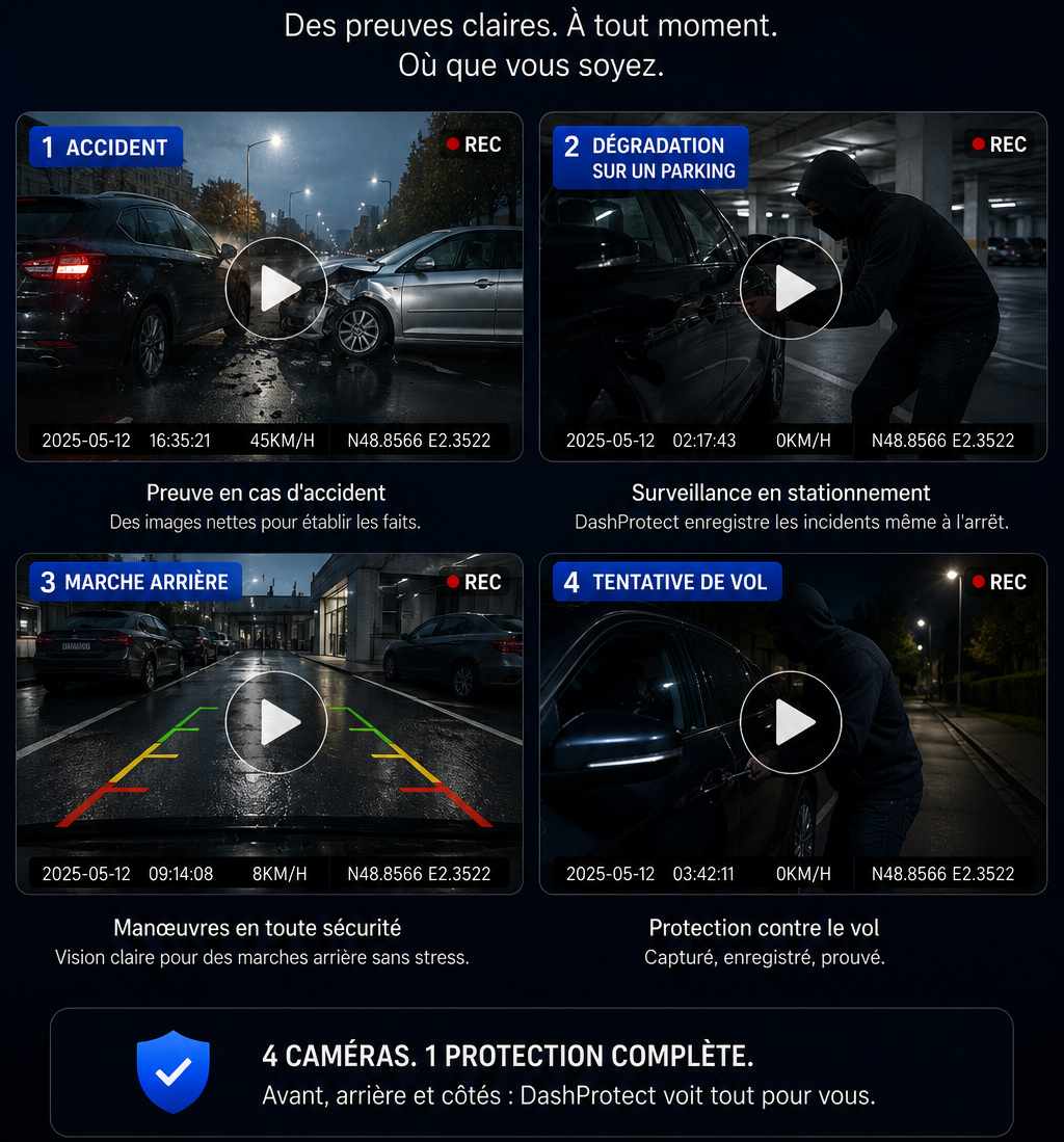 DashProtect — Caméra embarquée 4 objectifs avec vision nocturne & mode parking intelligent